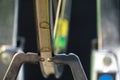 Bicycle repair. The front wheel is on a stand on a black background. Rim and spokes close-up. Mechanic levels the wheel in the Royalty Free Stock Photo