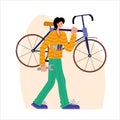 Bicycle repair. A man carries a bicycle for repair. Web graphics, banners, advertisements, business templates. Royalty Free Stock Photo