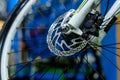 Bicycle repair. mountain bike wheel in the workshop. close-up