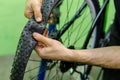 bicycle repair. mountain bike in the workshop. tire change