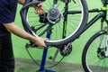 bicycle repair. mountain bike in the workshop. tire change