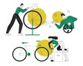 Bicycle repair service Bike mechanic in a workshop  Man and woman with a tool  modern flat vector illustrations Royalty Free Stock Photo