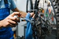 Bicycle repair in workshop, man cleans cassette Royalty Free Stock Photo