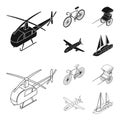 Bicycle, rickshaw, plane, yacht.Transport set collection icons in black,outline style vector symbol stock illustration