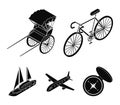 Bicycle, rickshaw, plane, yacht.Transport set collection icons in black style vector symbol stock illustration web.