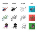 Bicycle, rickshaw, plane, yacht.Transport set collection icons in cartoon,black,outline,flat style vector symbol stock