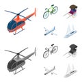 Bicycle, rickshaw, plane, yacht.Transport set collection icons in cartoon,monochrome style vector symbol stock