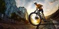 Bicycle rider cycle in city street fish eye view Royalty Free Stock Photo