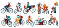 Bicycle riders on bikes, sport, isolated vector illustrations. Cyclist man, woman, children, hipster, older, racing Royalty Free Stock Photo