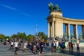 Bicycle riders at Heroes` Square at City Park, Budapest, Hungary