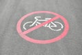 Bicycle riding prohibited symbol on tarred road. cycling forbidden sign printed on the ground