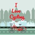 Bicycle on the road and city silhouette background