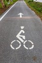 Bicycle road sign and arrow bike lane symbol,bike lane in the garden sightseeing and ride bike in the park. Royalty Free Stock Photo
