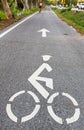 Bicycle road sign and arrow bike lane symbol,bike lane in the garden sightseeing and ride bike in the park. Royalty Free Stock Photo