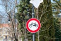 Bicycle road street sign on street light pylon Royalty Free Stock Photo