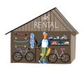 Bicycle, rollers rental kiosk vector illustration