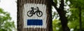 Bicycle route sign on tree in the forest. Blue path cycling road sign in the woods on trunk. The blue trail. Marking the Royalty Free Stock Photo