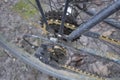 Bicycle with a rusty bicycle chain, sprockets, ratchet Royalty Free Stock Photo