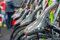 Bicycle saddle, rows of bicycles in a sports shop Royalty Free Stock Photo