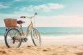Bicycle on sandy beach near sea, space for text Royalty Free Stock Photo