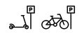 Bicycle scooter parking vector icons set. Parking sign with a bicycle and electric scooter Royalty Free Stock Photo
