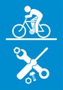 bicycle service station, bike service, cyclist and tools, eps. Royalty Free Stock Photo