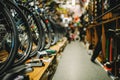 Bicycle shop, rows of new bikes, cycle sport store