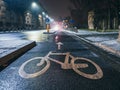 Bicycle sign on asphalt on a bike road in a night city