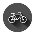 Bicycle sign icon in flat style. Bike vector illustration on black round background with long shadow. Cycling business concept Royalty Free Stock Photo