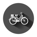 Bicycle sign icon in flat style. Bike vector illustration on black round background with long shadow. Cycling business concept Royalty Free Stock Photo