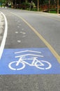 Bicycle sign path on road. Bikes lane paint in blue