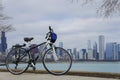 Bicycle, Skyscapers and skylin of Chicago and Lake Michigan from