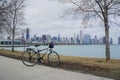 Bicycle, Skyscapers and skylin of Chicago and Lake Michigan from