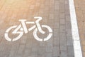 Bicycle slab paved lane at pedestrian walking area. Bike symbol painted with white paint on grey paved road. Cycling friendly Royalty Free Stock Photo