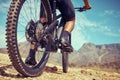 Bicycle, sport and wheels on a dirt road adventure trail on a mountain for fitness and exercise. Closeup of a bike Royalty Free Stock Photo