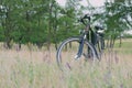 A bicycle stands in a meadow, in a tall grass with flowers, in the background trees are seen Royalty Free Stock Photo