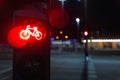 Bicycle stop red warning lamp sign on traffic light road highway driveway drive crossroad intersection evening dark time Royalty Free Stock Photo