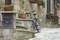 Bicycle on the streets of a small town in Italy. Processing in the style of drawing