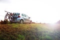 A bicycle stuck in the back of the car for exercise. Royalty Free Stock Photo