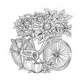 Bicycle with sunflowers. Autumn theme coloring book. Autumn linear illustration