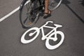 Bicycle Symbol on Cycle Lane with Cyclist in Helsinki Royalty Free Stock Photo