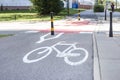 Bicycle symbol on designated track. Empty bike Lane in the city Royalty Free Stock Photo