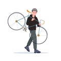 Bicycle theft, male thief character in hoodie and hat stealing bike, street robbery Royalty Free Stock Photo