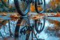Bicycle tire on wet road with fallen leaves reflecting in puddle on asphalt driveway in autumn. Royalty Free Stock Photo