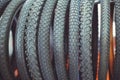 Bicycle tires in a assortment of a store in a row close-up