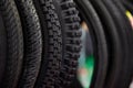 Bicycle tires in close-up. Tire texture. Black background Royalty Free Stock Photo