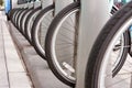 Bicycle Tires Are Lined Up In A Uniform Row