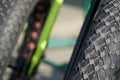 Bicycle tires and Bicycle wheel in a row close-up wheel detail, bicycle spoke. Royalty Free Stock Photo