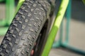 Bicycle tires and Bicycle wheel in a row close-up wheel detail, bicycle spoke. Royalty Free Stock Photo