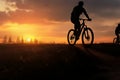 Bicycle touring in the evening Cyclists silhouettes symbolize travel and fitness